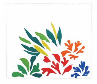 This picture is called Acanthes and is a cutouts painted in gouache glued on wall paper that come from his ohne room. It consiste out of 31 colourful leaves comming from the bottom occuping the two third of a white background. Four leaves close to each other are blue, six are red and five are orange. Thes others ubove them are all mix in diferent green and yellow colours. 