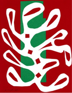 Abstract white shape on top of a red and green background