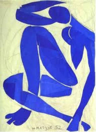 This abstract picture represent a blue woman sitting in a sensual position with an arm touching her feet and the other over her head. The background is plain beige and the colour of the woman is primary blue, her body occupies the full picture.